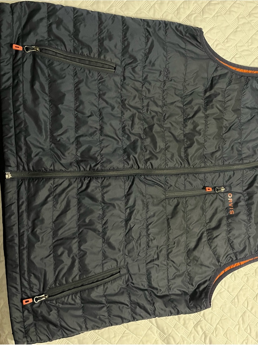 Orvis Quilted Navy Men's Vest with Orange Lining & Accents